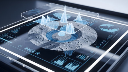 Futuristic holographic interface displaying lunar surface data and advanced geospatial analytics