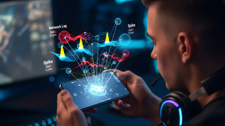 Young man analyzing holographic network performance data on his smartphone while gaming