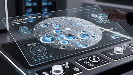 Advanced holographic display showing lunar water ice concentration for space exploration