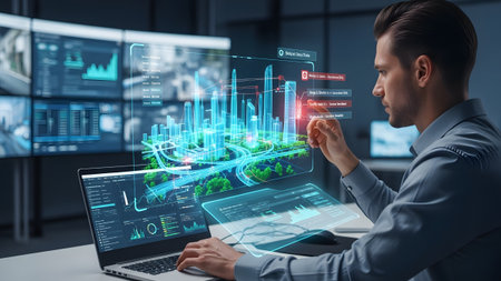 Man interacting with a holographic smart city model and data visualizations