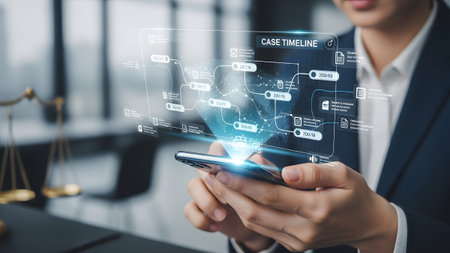 Innovative legal professional managing complex case timelines with advanced digital technology