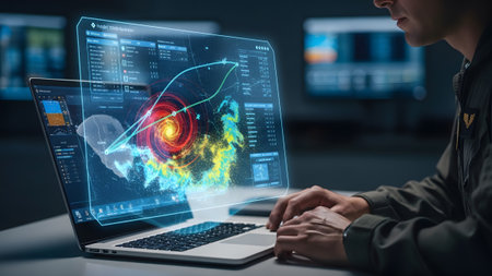 A professional analyzing complex holographic data visualizations on a futuristic laptop