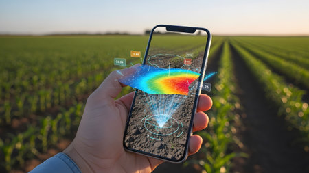 Agricultural innovation: smartphone displaying real-time soil data for precision farming