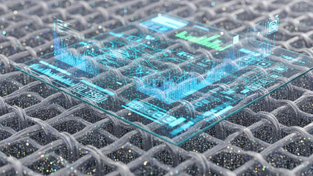 Holographic data interface displaying complex information on a futuristic smart fabric surface