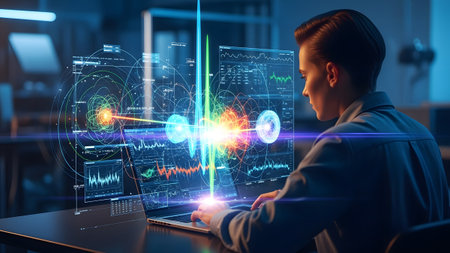 Man analyzing complex holographic data visualizations on a laptop in a futuristic lab