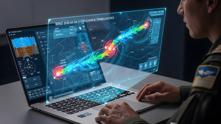 Aviation professional utilizes cutting-edge holographic display for real-time wind shear analysis