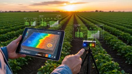 Farmer uses modern tablet and sensor technology to analyze crop health and soil data at sunset in a...