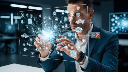 Businessman interacts with advanced holographic technology visualizing complex digital network