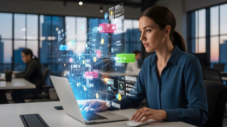 Businesswoman engaged with futuristic holographic data visualization on a laptop in a modern office