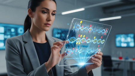 Scientist analyzing futuristic holographic dna data on a transparent tablet in a modern lab