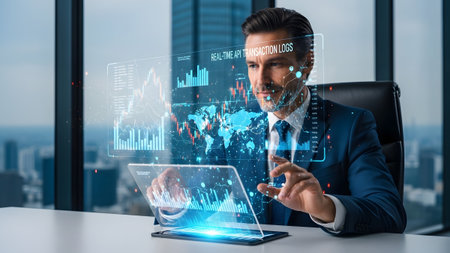 Businessman analyzing global financial data with a futuristic holographic display