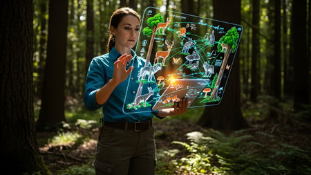 Ecologist uses advanced holographic technology to study forest ecosystem in an immersive environment