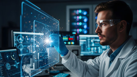 Scientist interacting with an advanced holographic interface in a cutting-edge research lab
