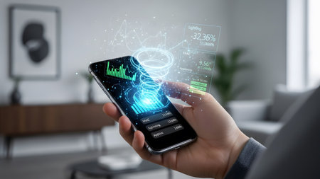 Visualizing real-time data and connectivity on a futuristic smartphone in a modern setting