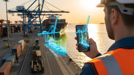 Engineer using augmented reality on smartphone to monitor digital twin of cargo ship operations at...