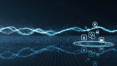 Digital data flow with interactive icons representing network communication and information exchange