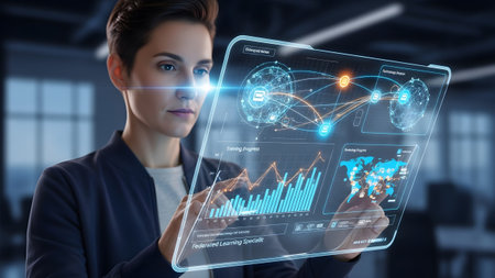 A businesswoman analyzing future data with innovative holographic technology and virtual interface