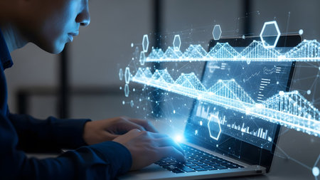 Person engaged in digital data analysis and technological innovation on a glowing laptop
