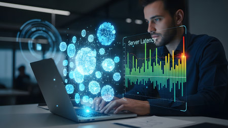 Man analyzing server latency and data flow with advanced holographic interface on laptop