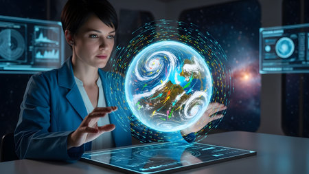 Woman interacts with a holographic earth, exploring global data in a futuristic setting