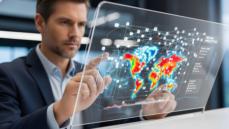 Businessman interacting with futuristic global data display for real-time analytics