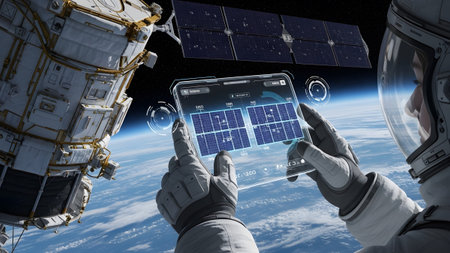 Astronaut monitors space station solar panels on a futuristic transparent tablet in orbit