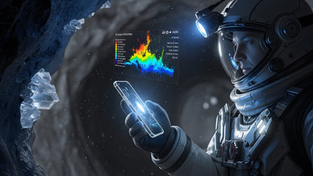 Astronaut analyzes extraterrestrial data in a frozen cave with advanced holographic tech