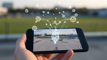 Augmented reality experience with a smartphone displaying futuristic digital network