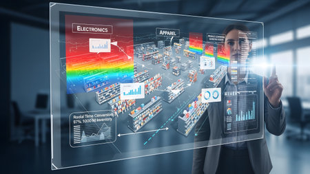 Businesswoman analyzing a futuristic holographic display with real-time retail data insights