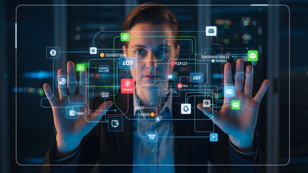 Future business professional managing interconnected data and applications on a virtual screen