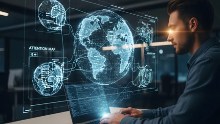 Man deeply engaged with a futuristic holographic global data analysis interface on his laptop