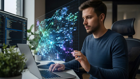 Young man analyzing futuristic holographic network visualization on his advanced workstation