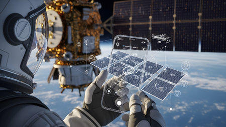 Astronaut utilizing advanced holographic technology to monitor satellite functions in orbit