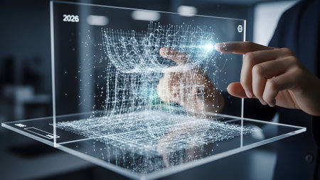 Human hand interacts with a futuristic transparent screen displaying 3d data visualization