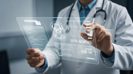 Doctor analyzing holographic medical data for advanced patient diagnosis and futuristic healthcareの写真素材