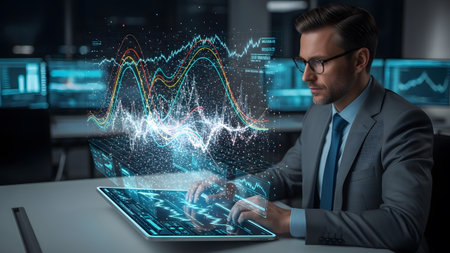 Professional analyzing complex data visualizations on innovative holographic display