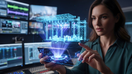 Woman interacting with a holographic stage design projecting from a tablet