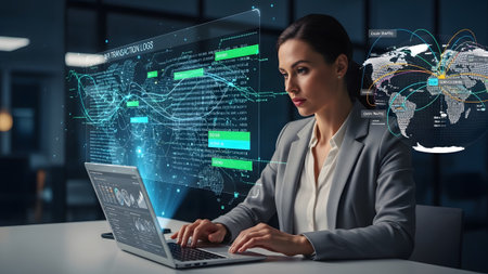 Innovative businesswoman working with augmented reality data and global network projections