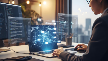 Developer coding on laptop with holographic interface and network visualization in modern office