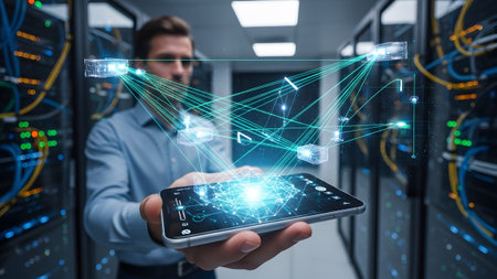 A man managing network infrastructure with a smartphone displaying a holographic data visualizationの写真素材