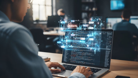 Developer coding on a laptop with holographic data visualization in a modern office