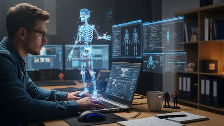 Innovative scientist utilizing virtual reality to study human anatomy with a 3d skeleton projection