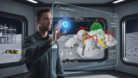 Astronaut engineer managing lunar base construction using advanced holographic interface