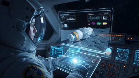 Astronaut operating advanced holographic controls for a space mission on a celestial body