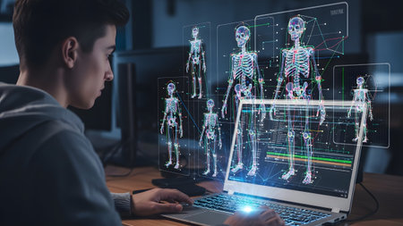 Young man working on a laptop with advanced holographic human skeletal models