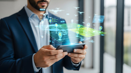 Businessman operating a smartphone with an advanced holographic map and drone control display