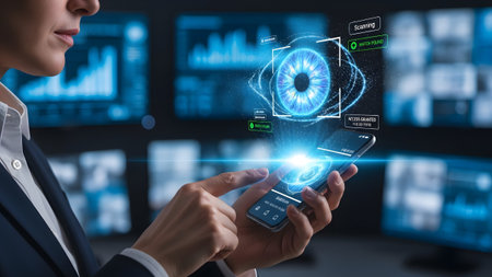 Woman engaging with advanced biometric eye scanning technology on smartphone for enhanced security
