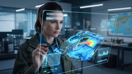 A scientist uses an advanced holographic interface to analyze complex climate data