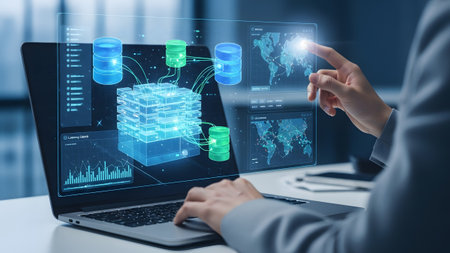 Business person interacting with a futuristic user interface showcasing cloud data and global...