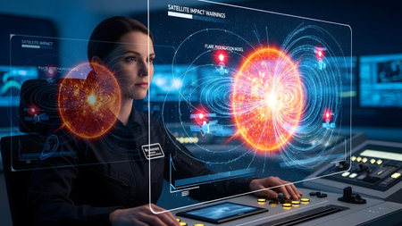 Female scientist monitors critical satellite impact data on advanced holographic display